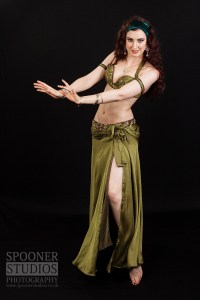Oxford Bellydancer Rachael in an olive green costume