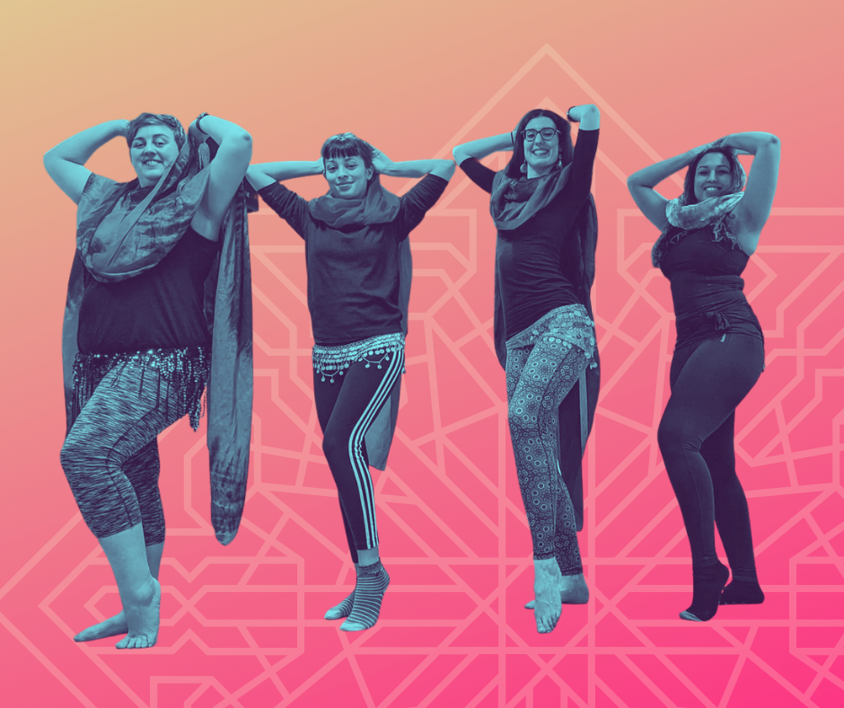 Four dancers in a row, smiling