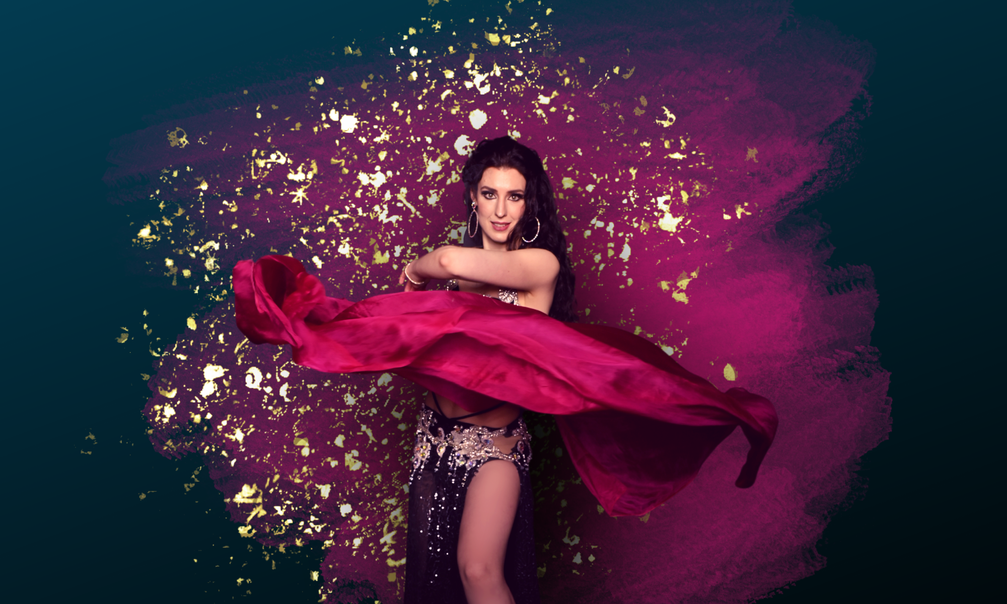 Bellydancer Rachael posing dramatically in a black costume, holding a bright pink veil